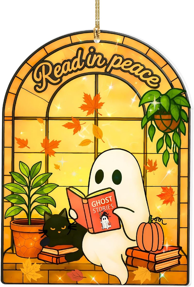 Hutato Halloween Ghost Reading Book Suncatcher, Ghost and Black Cat Acrylic Window Hanging Decor, Reading Book Sun Catcher, Book Lover Gift (Ma 1) - Image 1